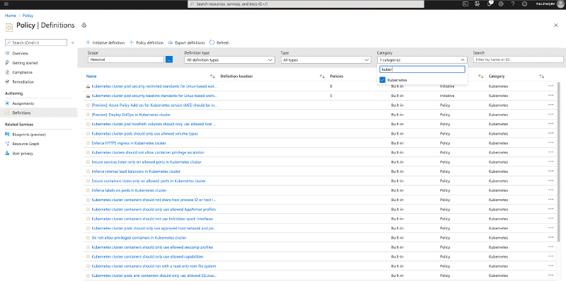 Azure portal policy overview page